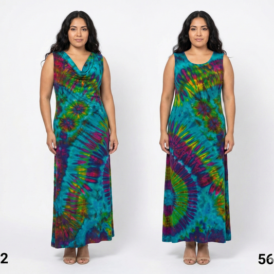 Two views of a woman wearing a tie-dye dress on a white background SanJules