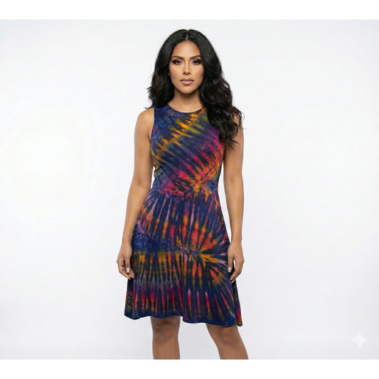 Woman wearing a tie-dye dress on a white background SanJules