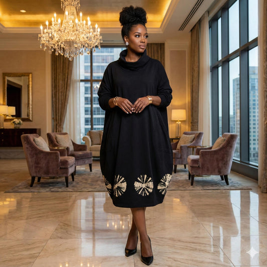 Woman in a black dress standing in a luxurious room with chandelier and large windows. SanJules