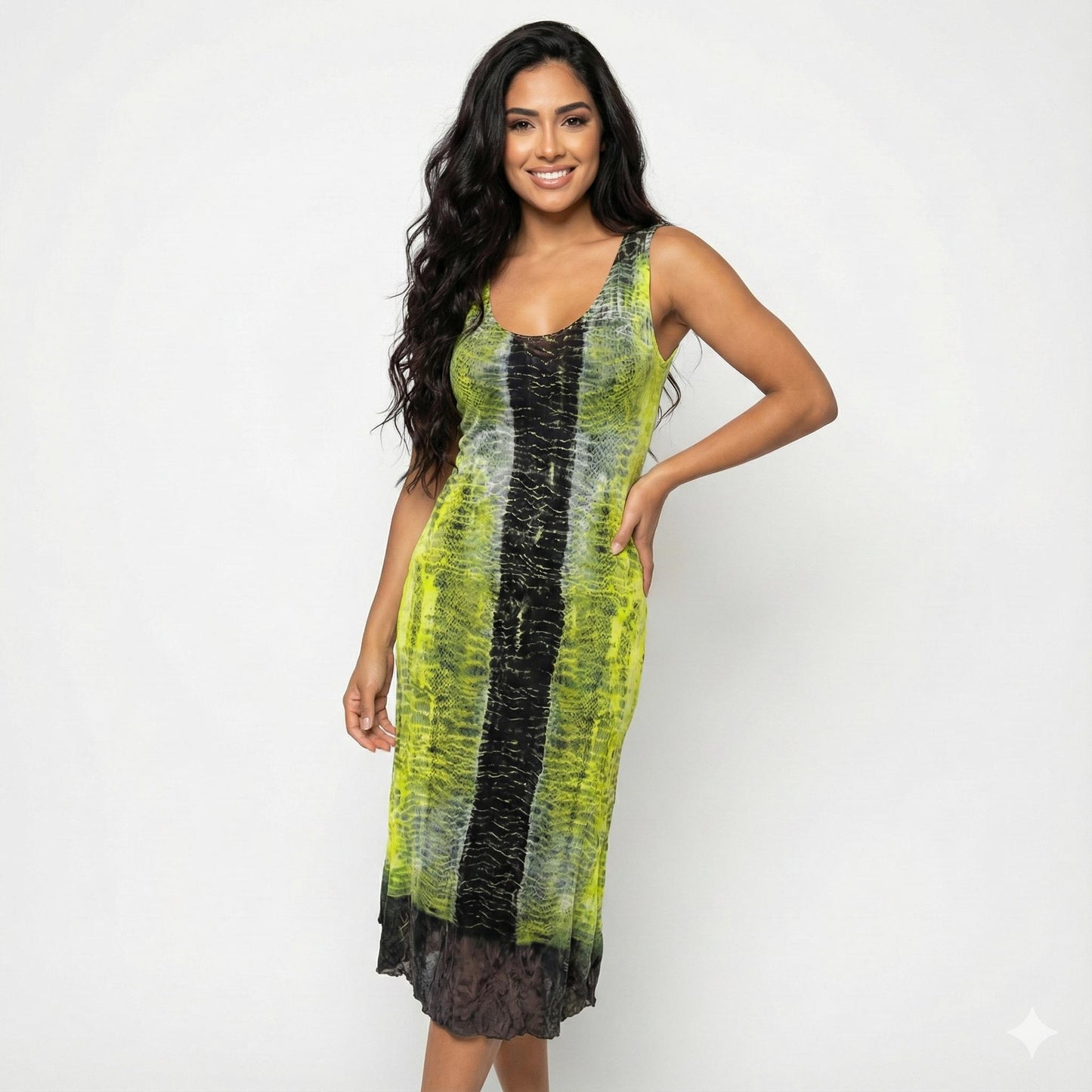 Woman wearing a green and black dress on a white background. SanJules