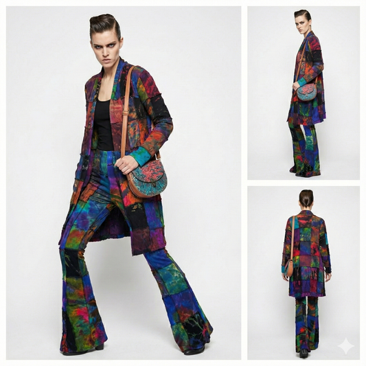 Multicolored outfit with matching jacket, pants, and bag on a white background