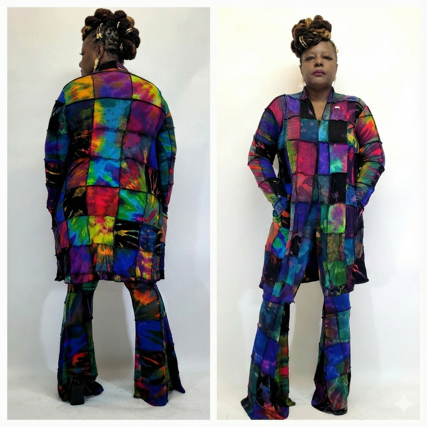 Multicolored patchwork outfit worn by a person on a white background