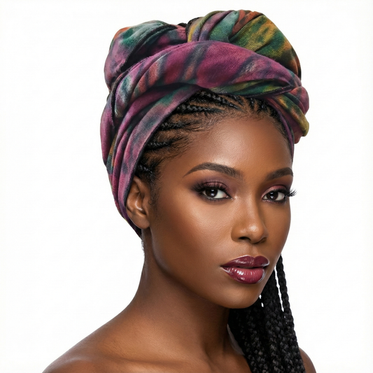 Woman wearing a colorful tie dye headscarf with braided hair on a white background
