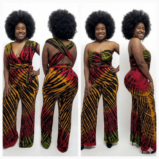Woman modeling a colorful infinity jumpsuit with zebra print pattern on a white background