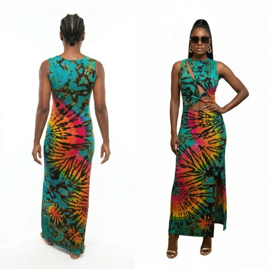 Woman wearing a colorful tie-dye dress on a white background. back and front view