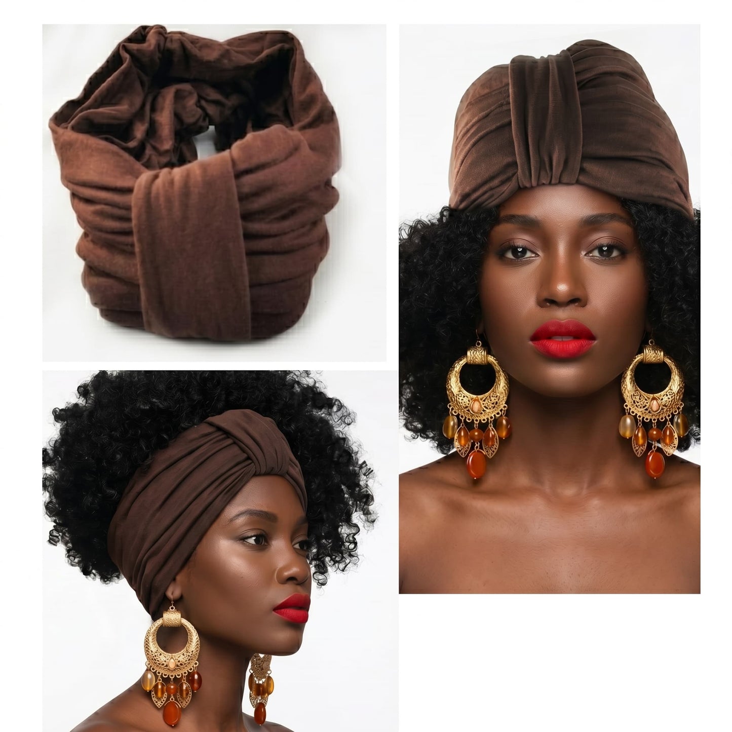 Brown turban worn by a model with gold earrings on a white background