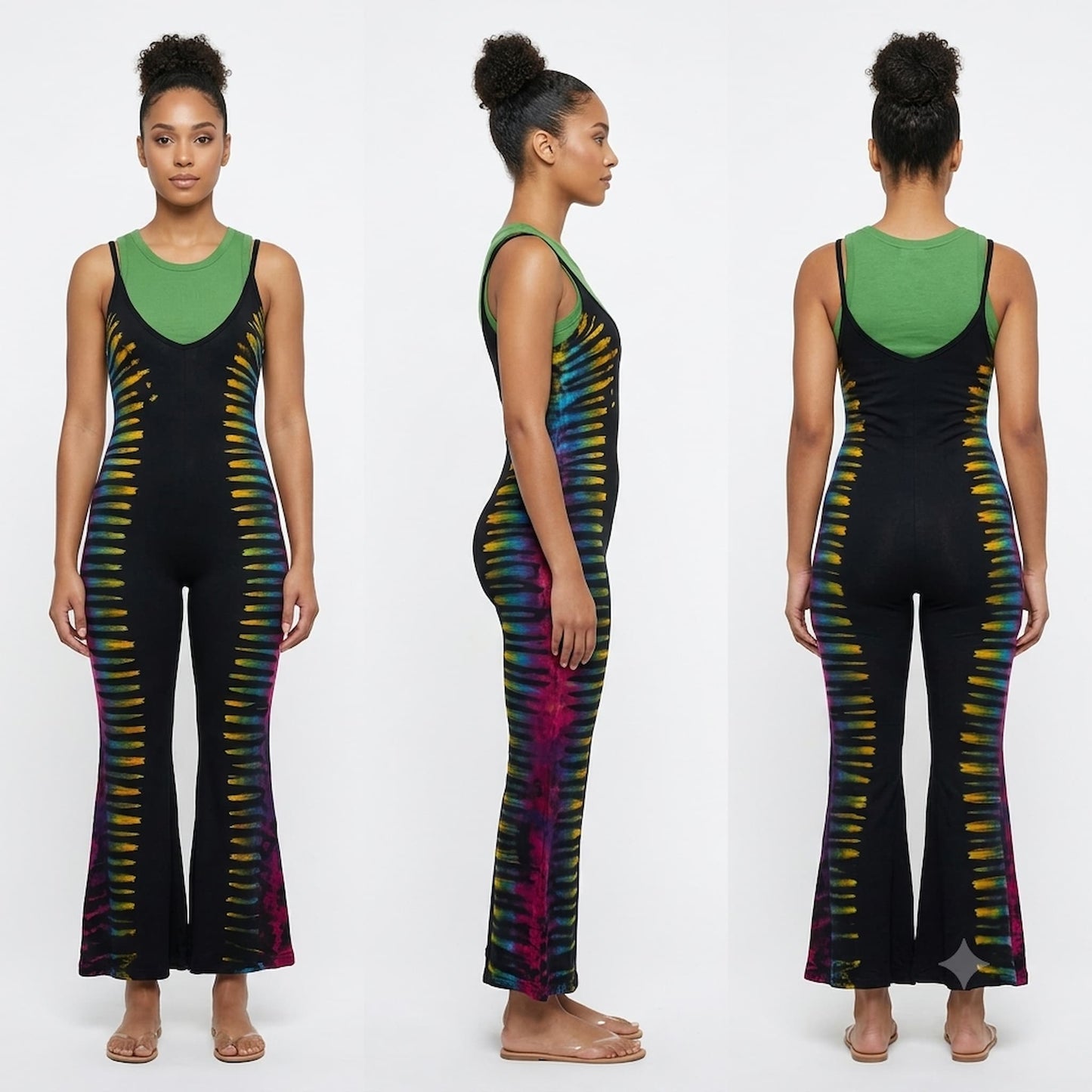 A woman modeling a black flared jumpsuit with vertical multicolor striped accents down the sides