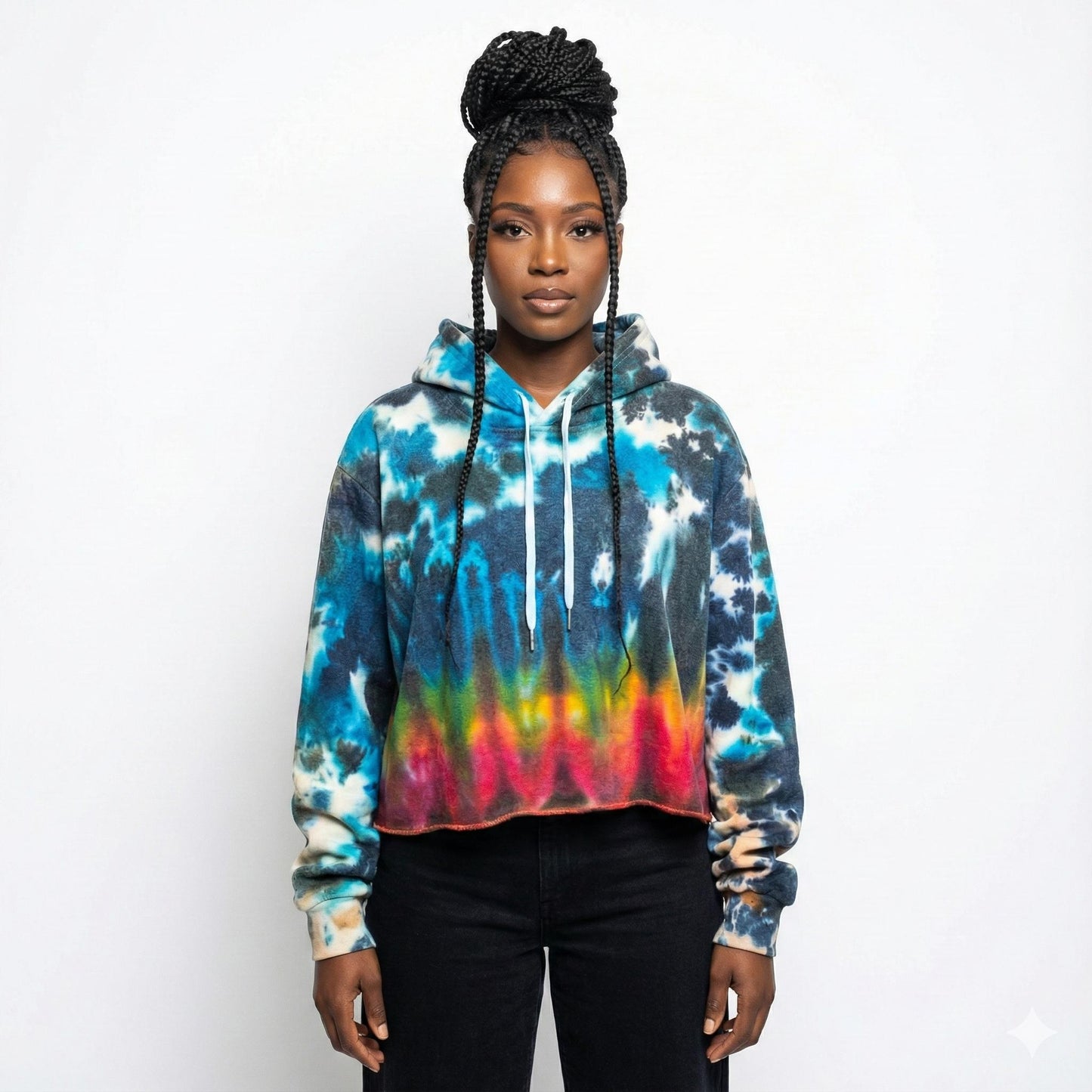 Person wearing a tie-dye hoodie with a white background