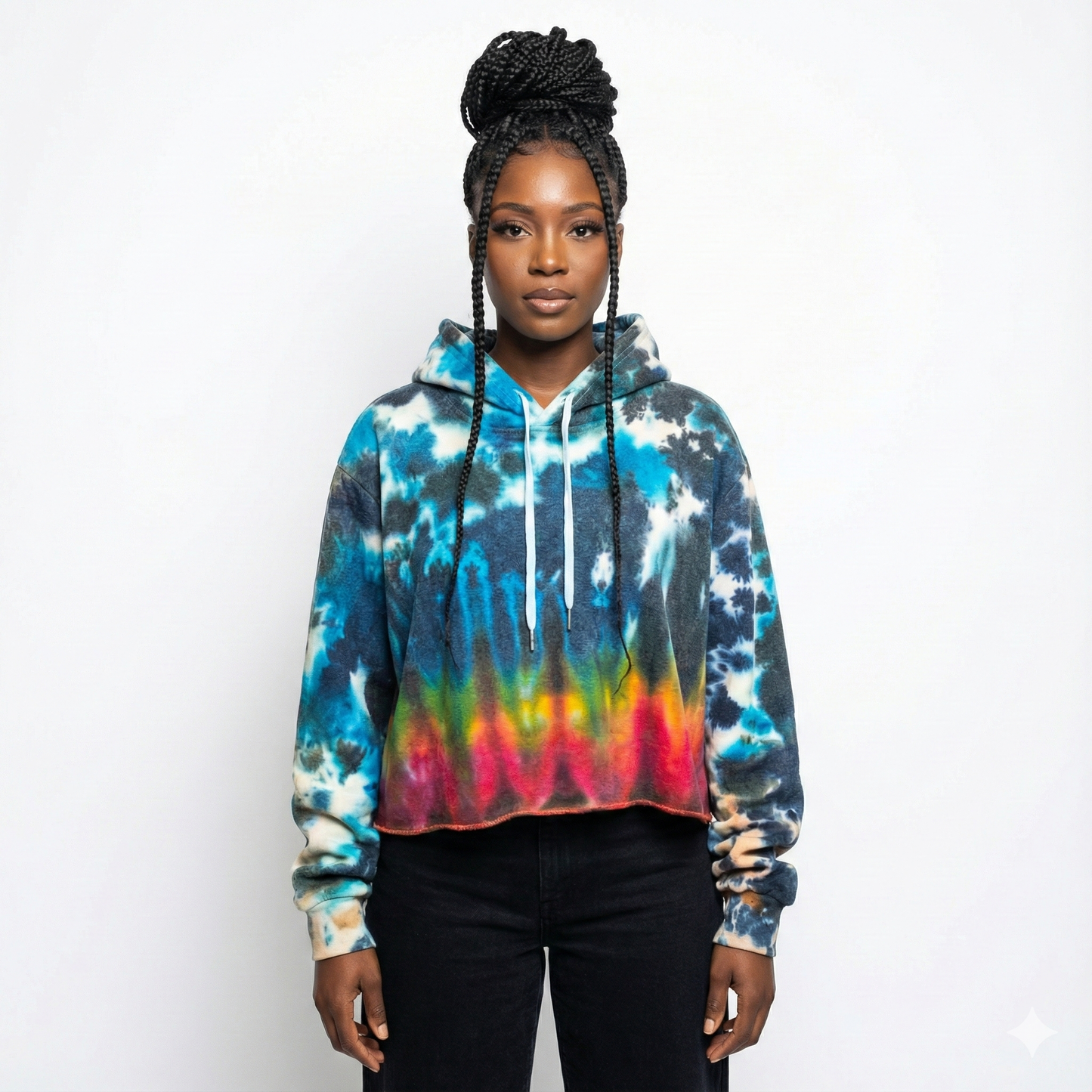 Person wearing a tie-dye hoodie with a white background
