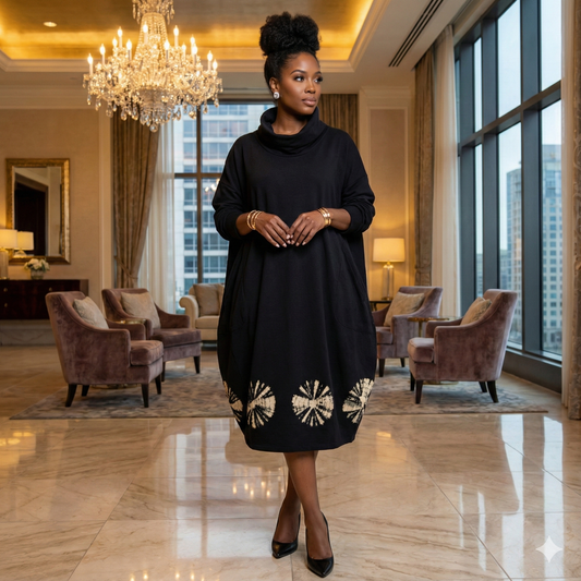 Woman in a black dress standing in a luxurious room with chandelier and large windows.