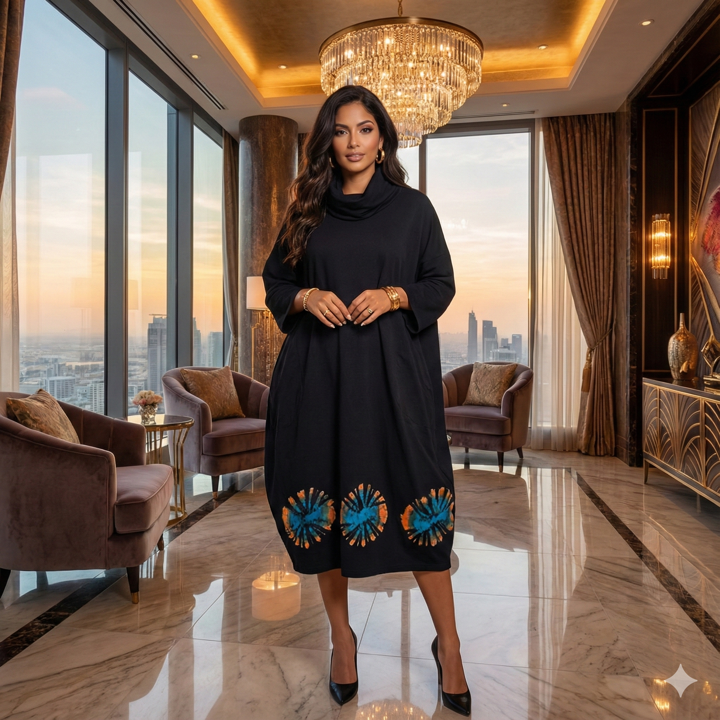 Woman in a black dress with blue patterns standing in a luxurious room with large windows a