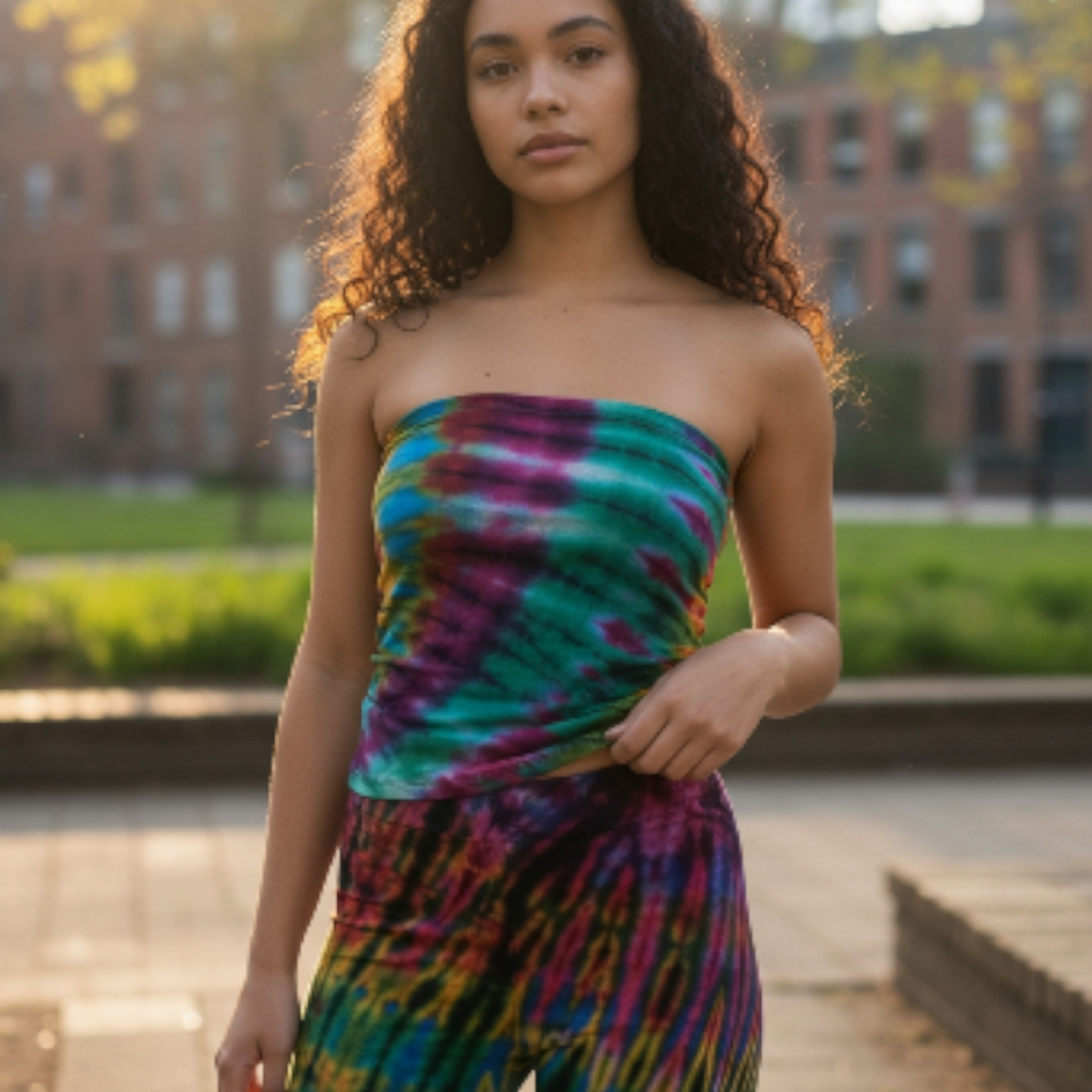 Woman wearing a tie-dye tube top and pants standing outdoors with buildings and greenery in the back