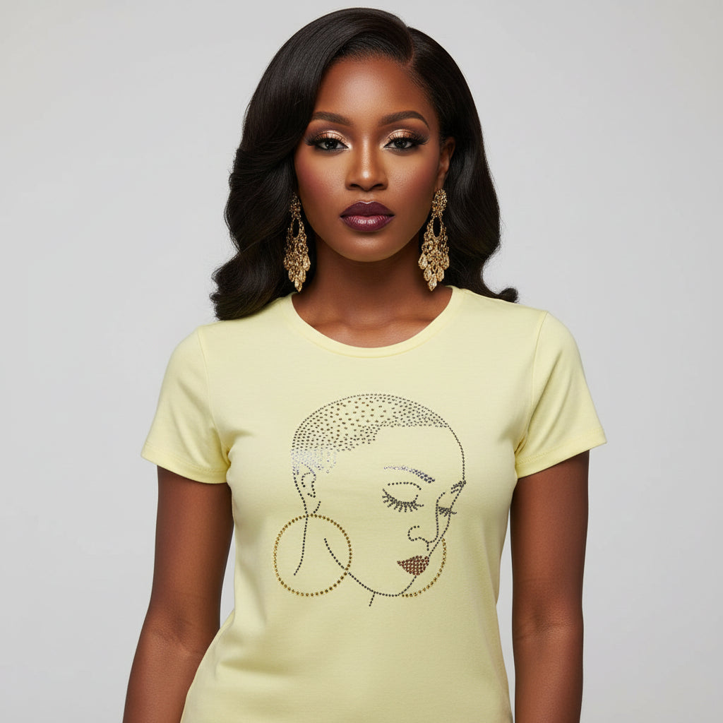Woman in a light yellow t-shirt with a rhinestone Caesar cut design and large gold hoop earrings.
