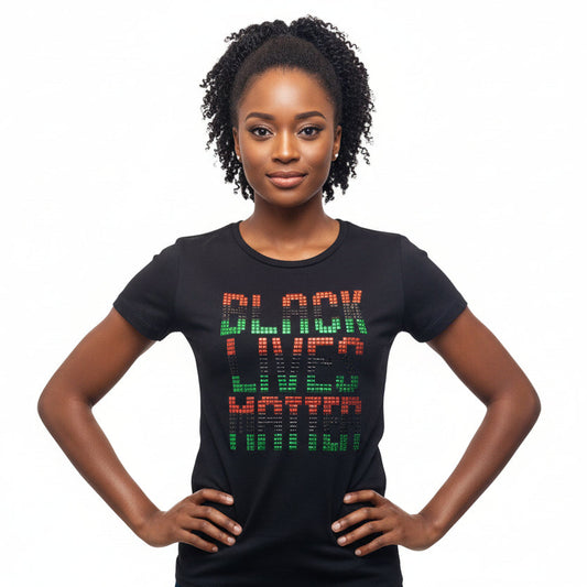 Black Lives Matter unisex t-shirt combed cotton with red, black, green metallic-look squares