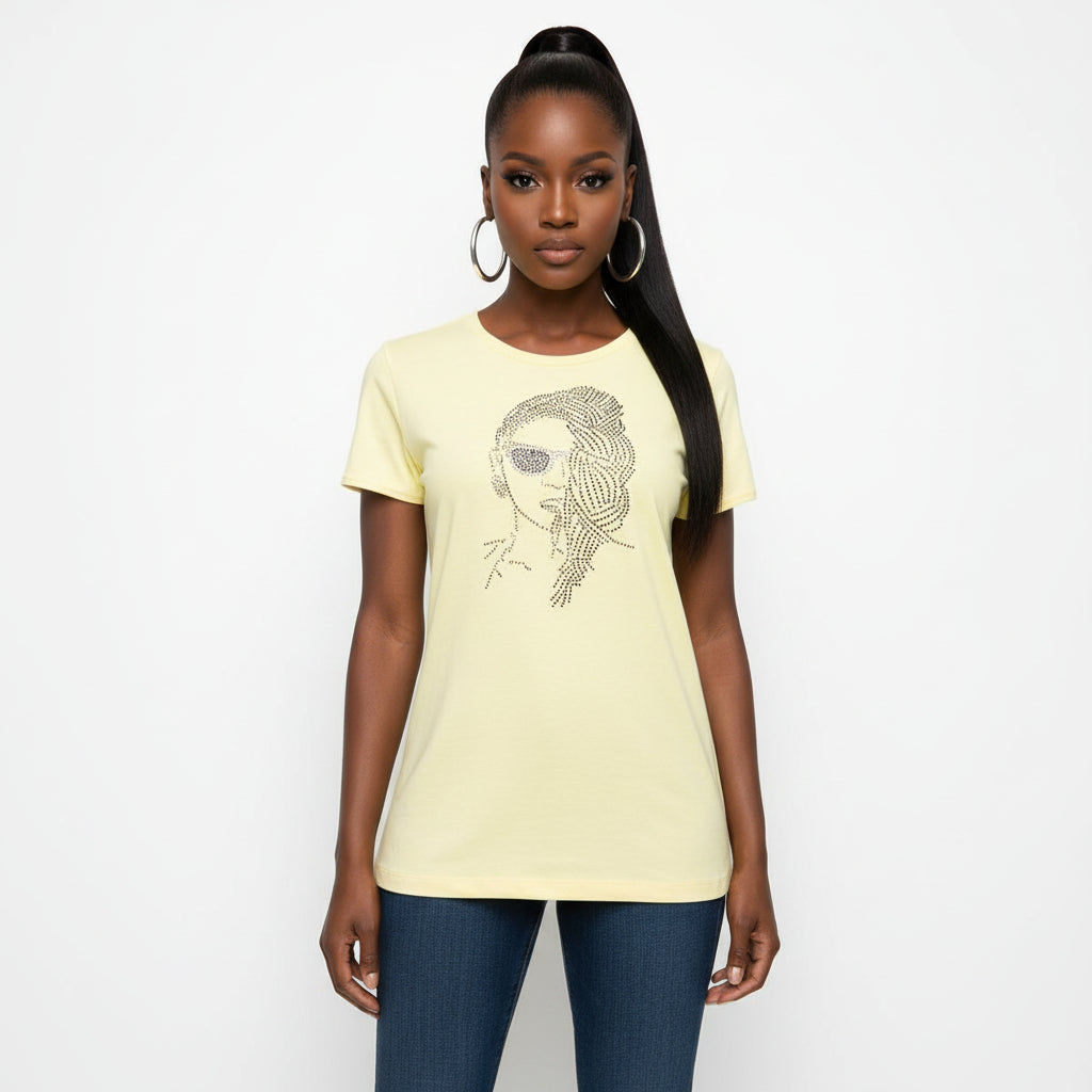 Loc Diva women's light yellow combed cotton t-shirt with a rhinestone natural hair design.