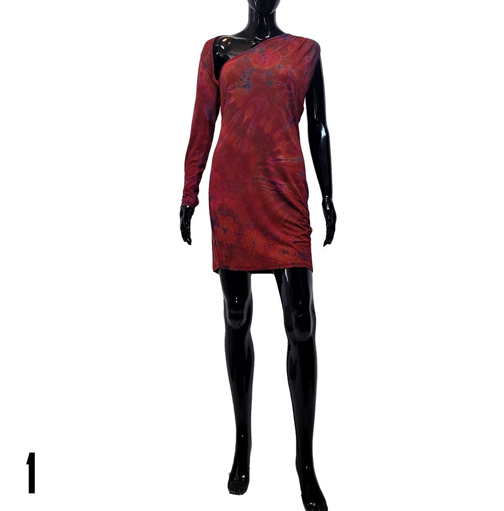 Samantha tie dyed midi dress with one long sleeve and one no sleeve