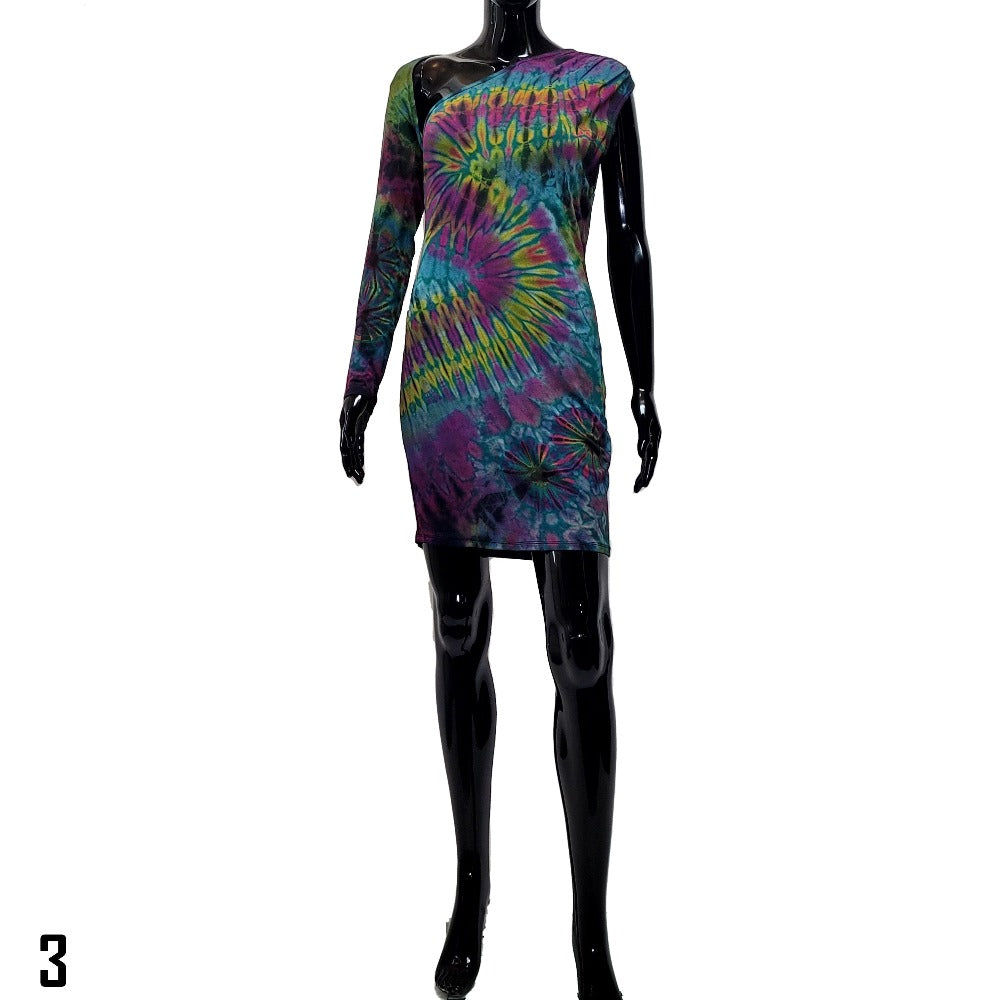 Samantha tie dyed midi dress with one long sleeve and one no sleeve