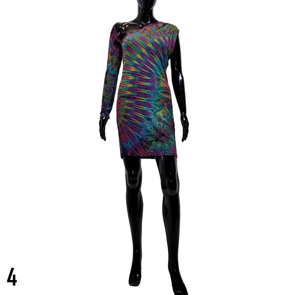 Samantha tie dyed midi dress with one long sleeve and one no sleeve