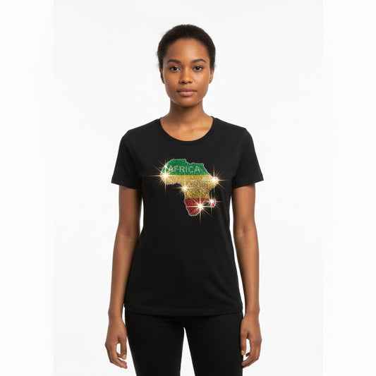 Black t shirt with rhinestone map of Africa