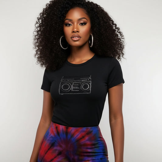 Black women's fitted t-shirt with a sparkling rhinestone retro boom box design, worn by a model.