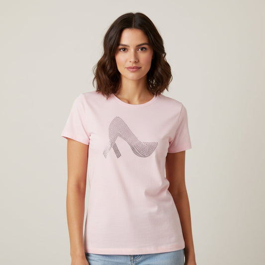 Pink cotton t-shirt with a dazzling rhinestone stiletto shoe design and a pink ribbon heel.