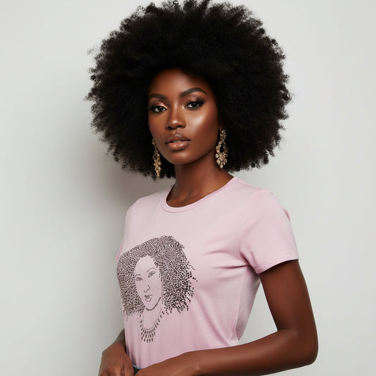 Woman in a pink Curls on the Go rhinestone natural hair t-shirt with a curly-haired woman design.