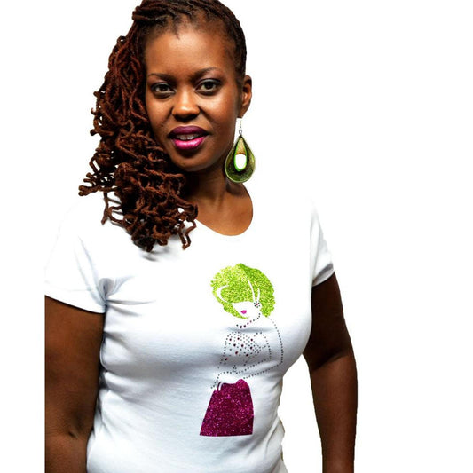 Women's white t-shirt with a green and purple rhinestone reflective film design, worn by a woman