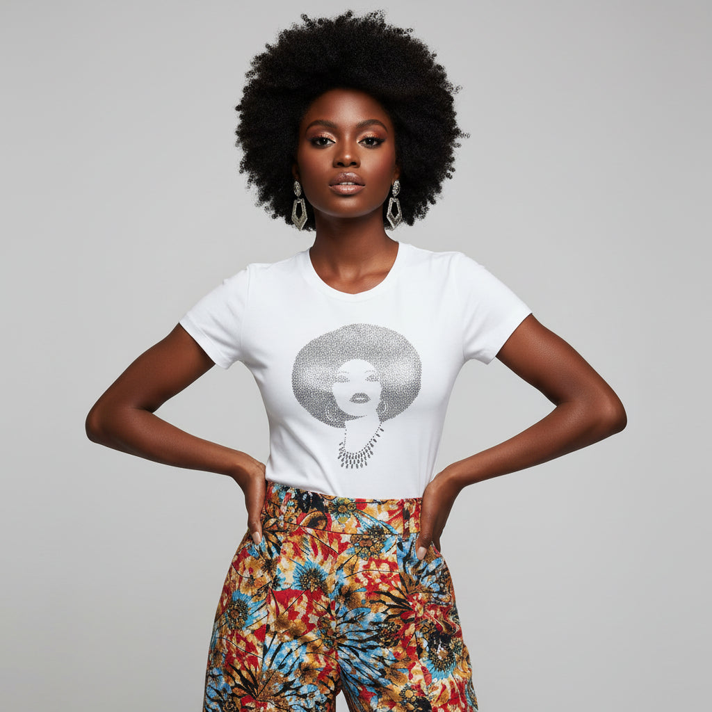 Foxy Silver Afro Women's white t-shirt with all-silver rhinestone and reflective film design.