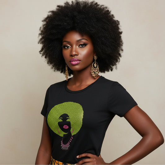 Black t-shirt with a green and pink rhinestone afro woman design, featuring reflective film details.
