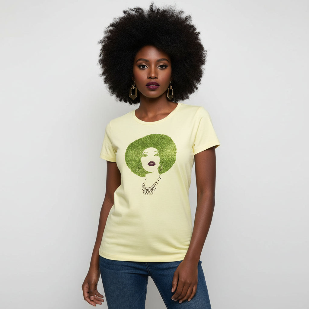 Foxy Green & Pink Afro Women's Rhinestone Natural Hair T-Shirt with a green glitter afro design.