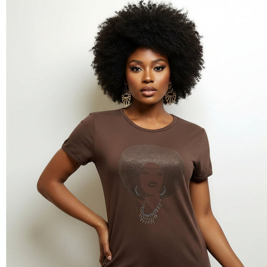 Brown Foxy Black Diamond Afro Women's Rhinestone T-Shirt with smoke gray afro design.