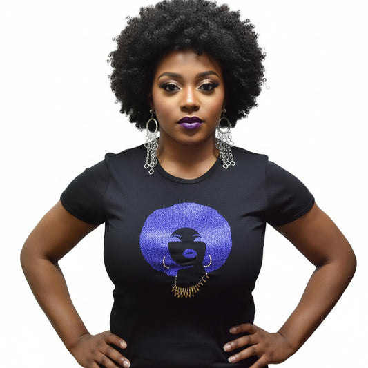 Black t-shirt with a royal blue rhinestone and reflective film afro design, with a woman's face.