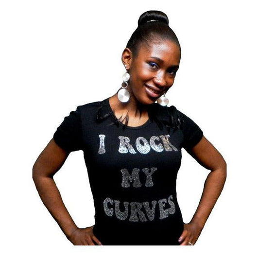 Woman in a black "I Rock My Curves" rhinestone t-shirt, smiling.