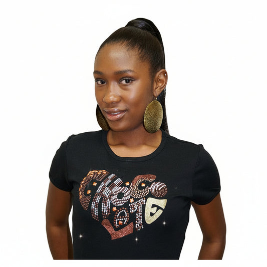 "I Love Chocolate" women's t-shirt rhinestone heart design, pearl oval stones, and reflective film.
