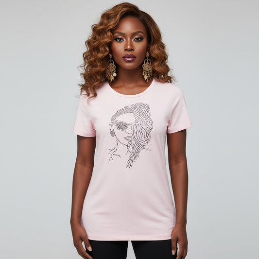 Pink Loc Diva women's t-shirt with a rhinestone natural hair design, worn by a model.