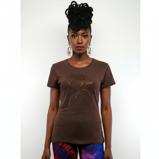 Brown fitted t-shirt with a rhinestone crystal mohawk loc design for women.