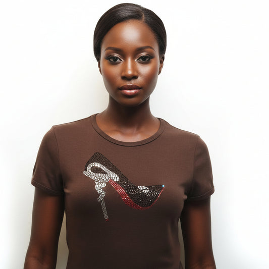 Woman in brown combed cotton tee with rhinestone red bottom stiletto design.