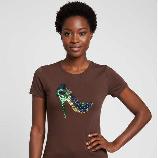 "Brown women's Jamaica Stiletto rhinestone t-shirt with Jamaica flag colors design.