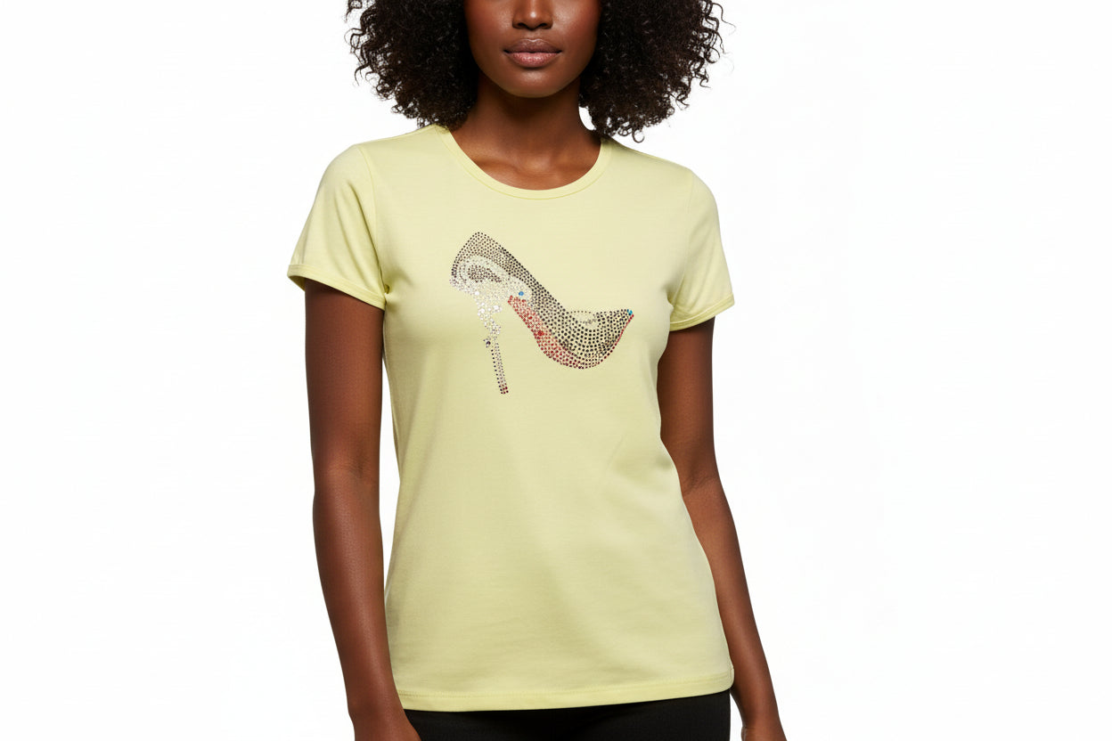 Yellow SanJules women's t-shirt with a rhinestone red-bottom stiletto heel design.