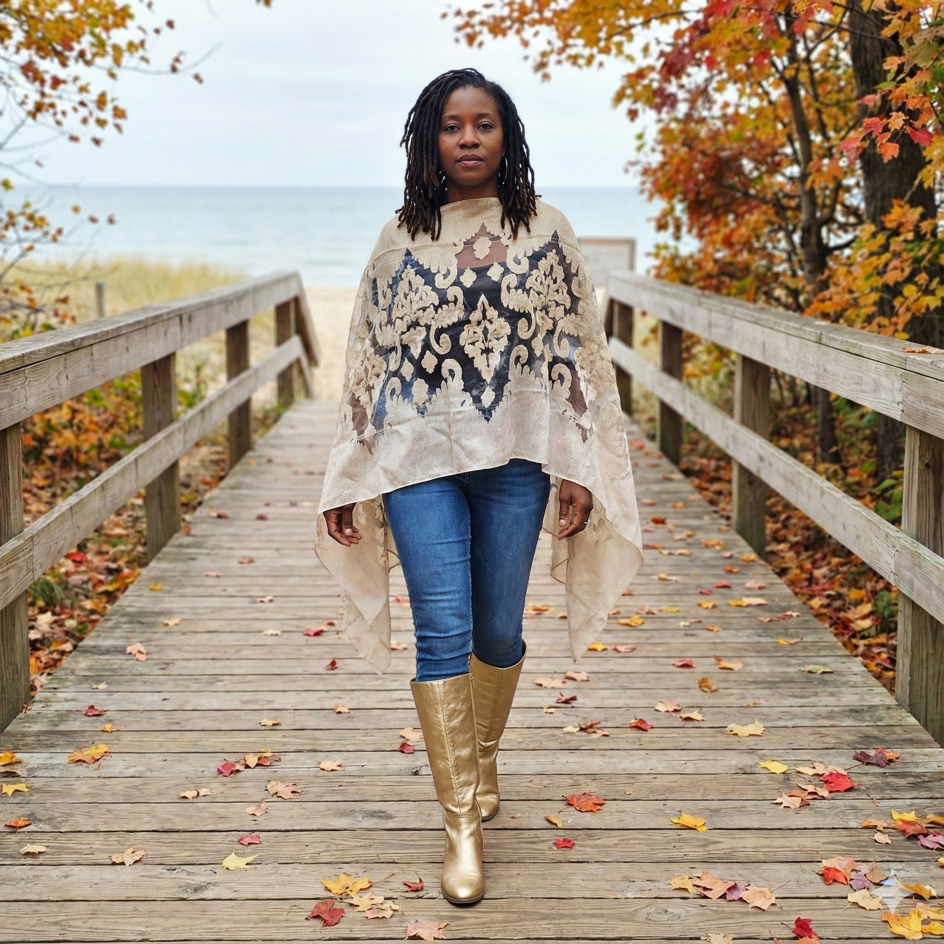 Woman walking on a wooden boardwalk with autumn foliage, wearing a silk shawl.