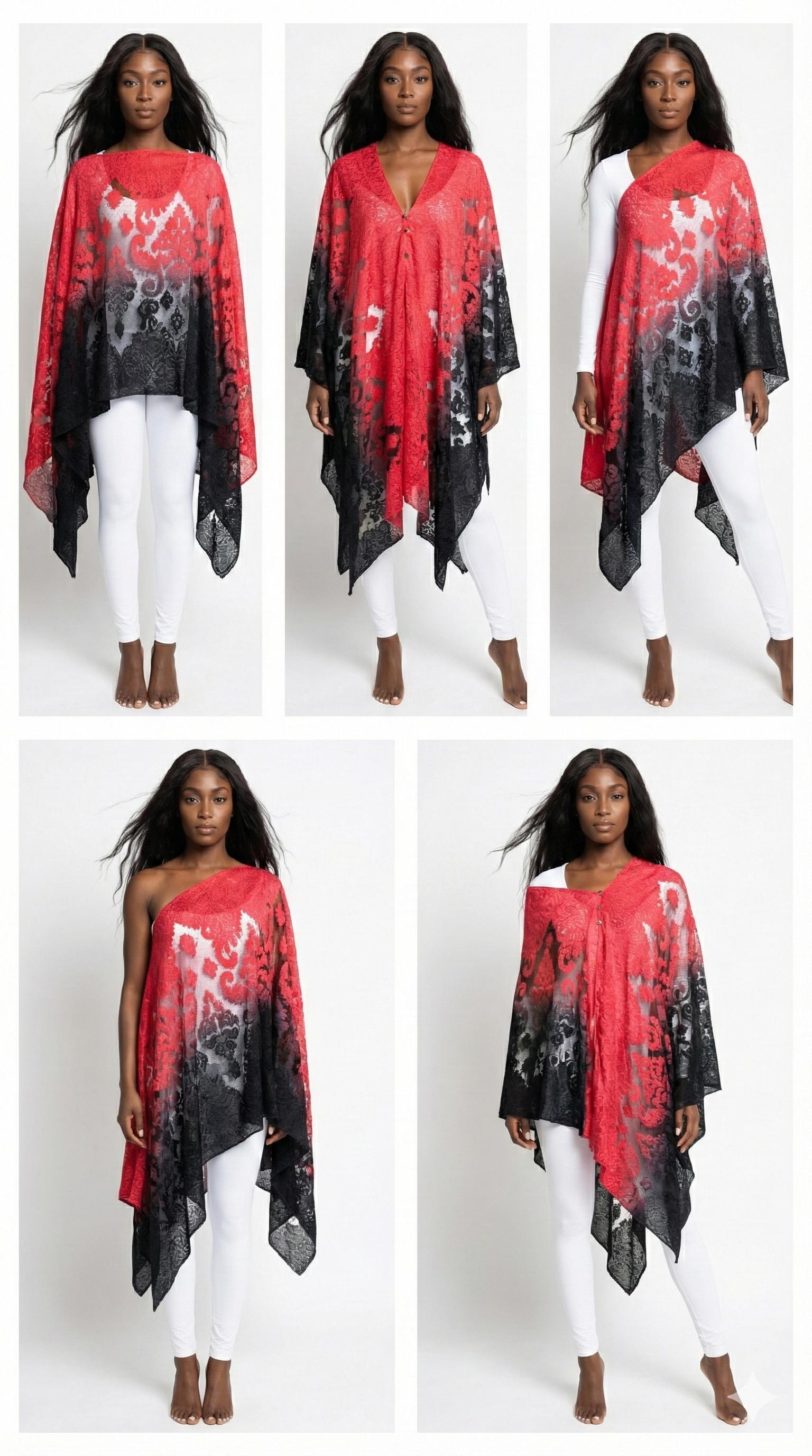 Red and black patterned poncho worn by a model on a white background