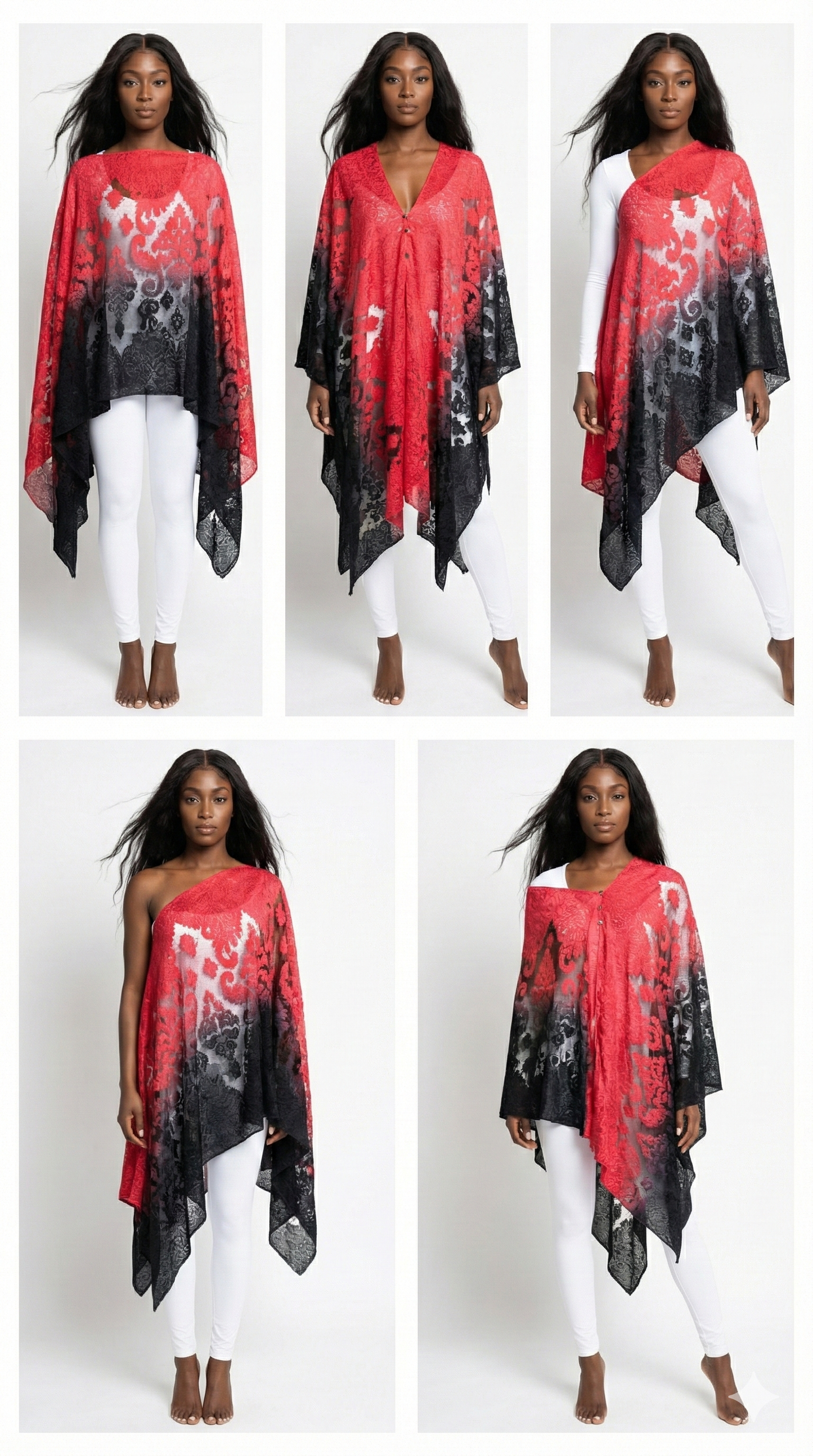 Red and black patterned poncho worn by a model on a white background