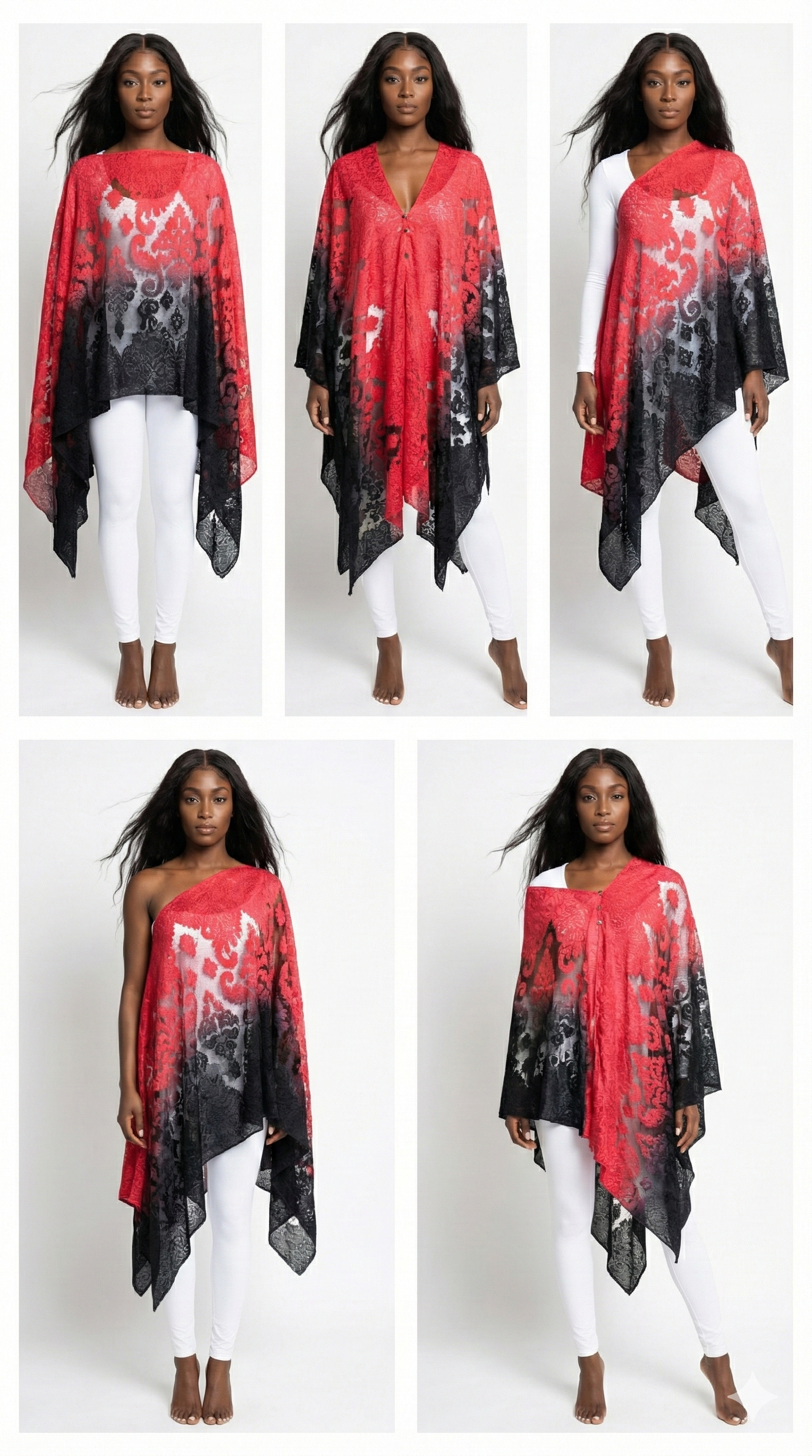 Red and black patterned poncho worn by a model on a white background