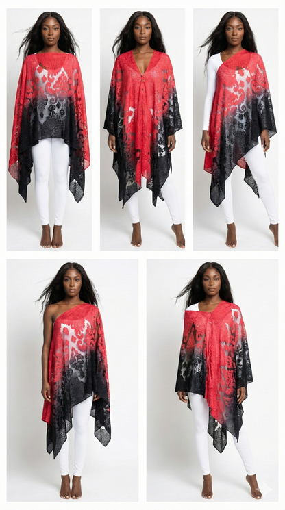 Red and black patterned poncho worn by a model on a white background