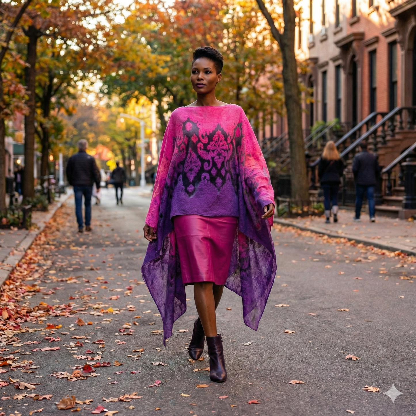 Woman in a pink and purple shawl walking with autumn leaves and buildings in the background.