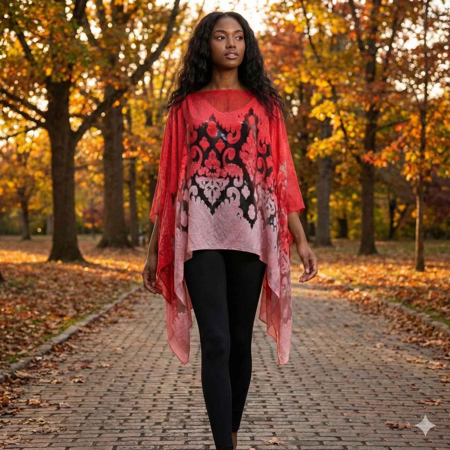 Woman walking on a path in an autumn park wearing a red and black patterned schawl