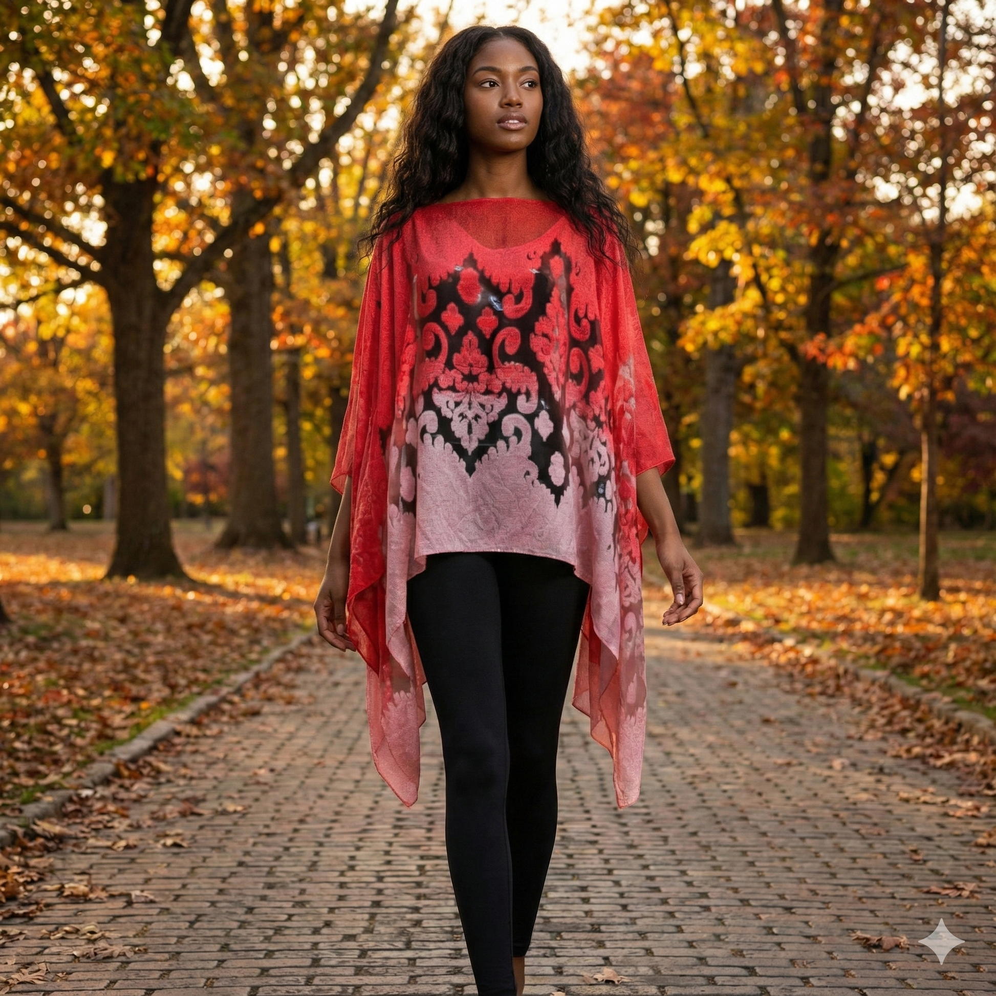 Woman walking on a path in an autumn park wearing a red and black patterned schawl