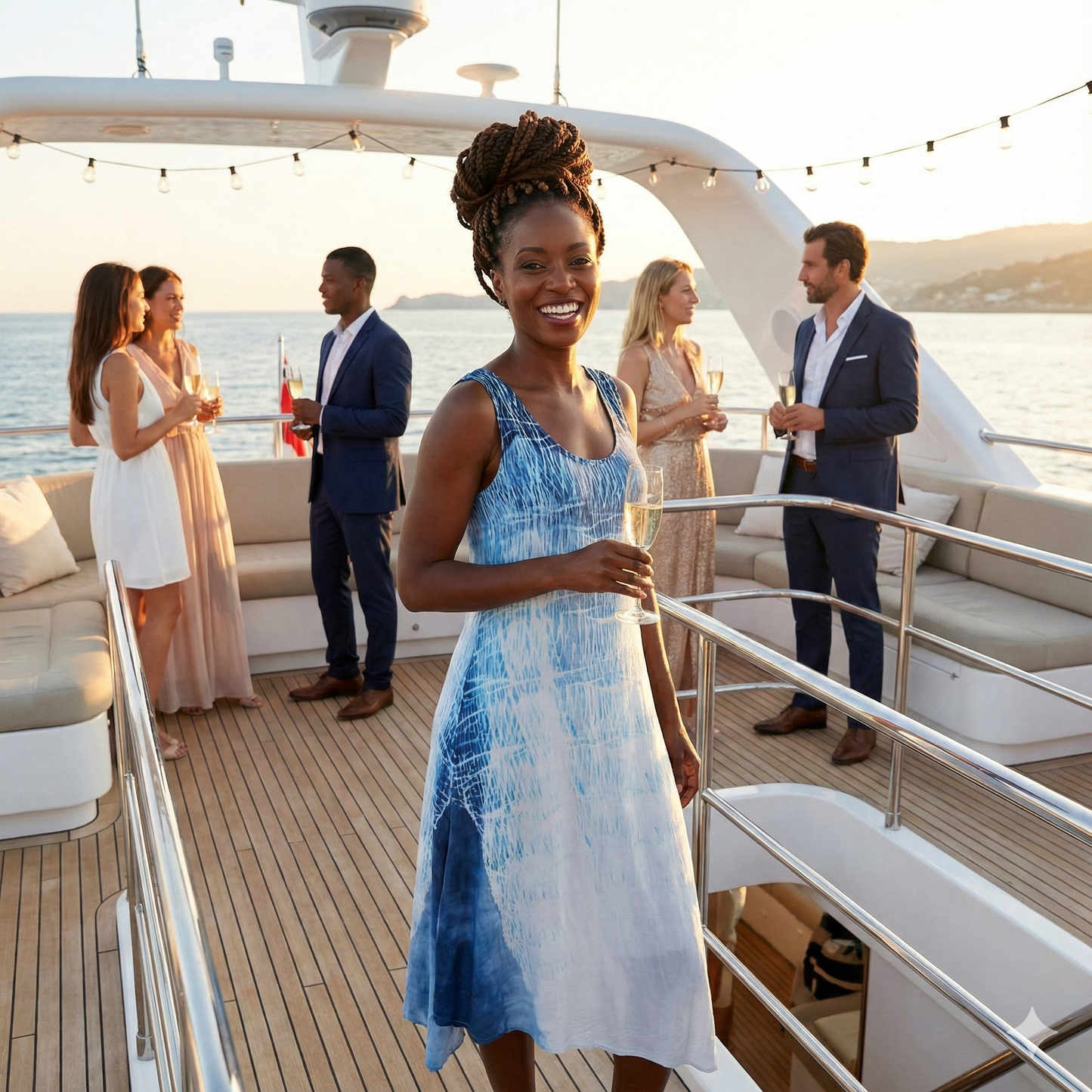 Woman in a blue dress standing on a yacht with friends in the background
