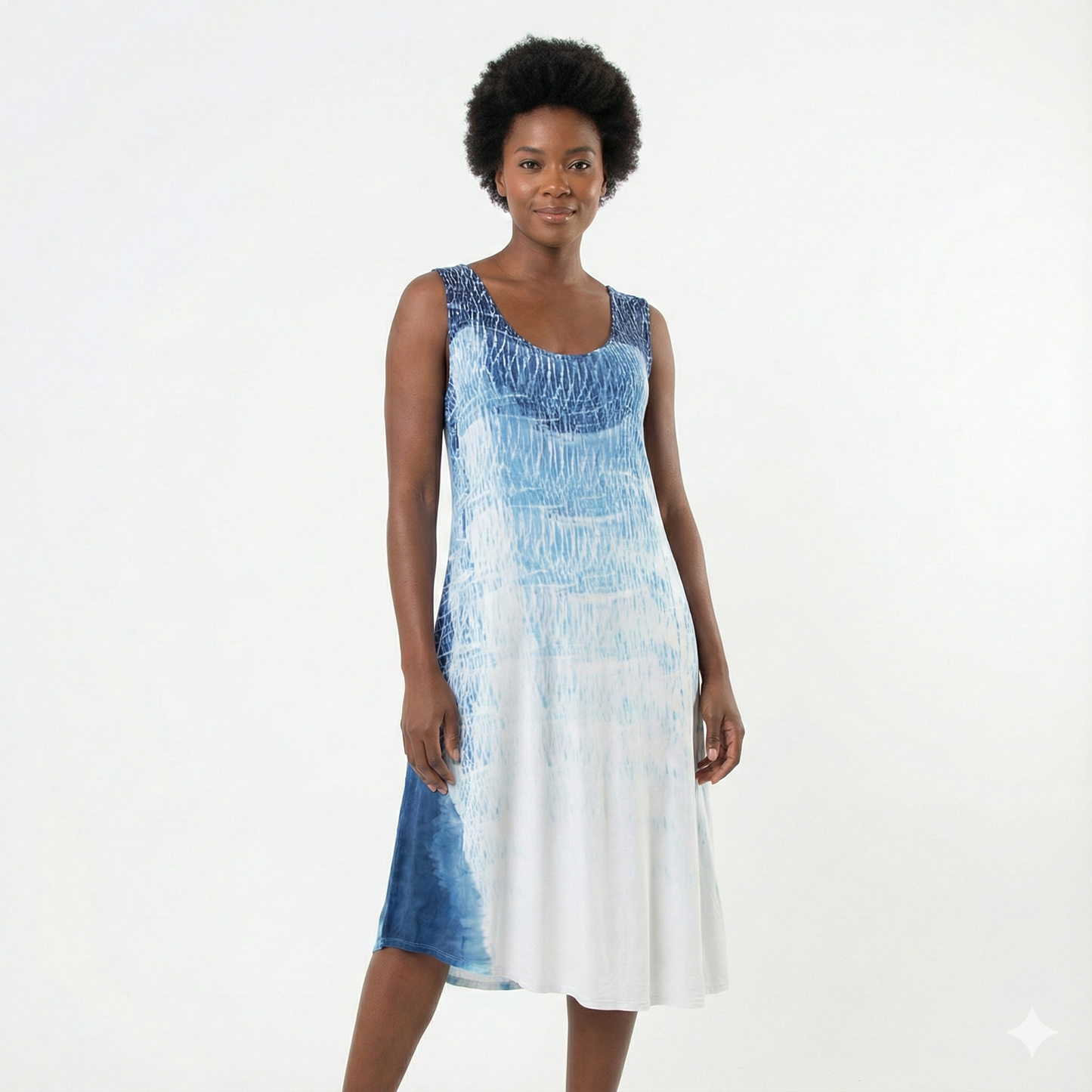 Woman wearing a blue and white dress on a white background