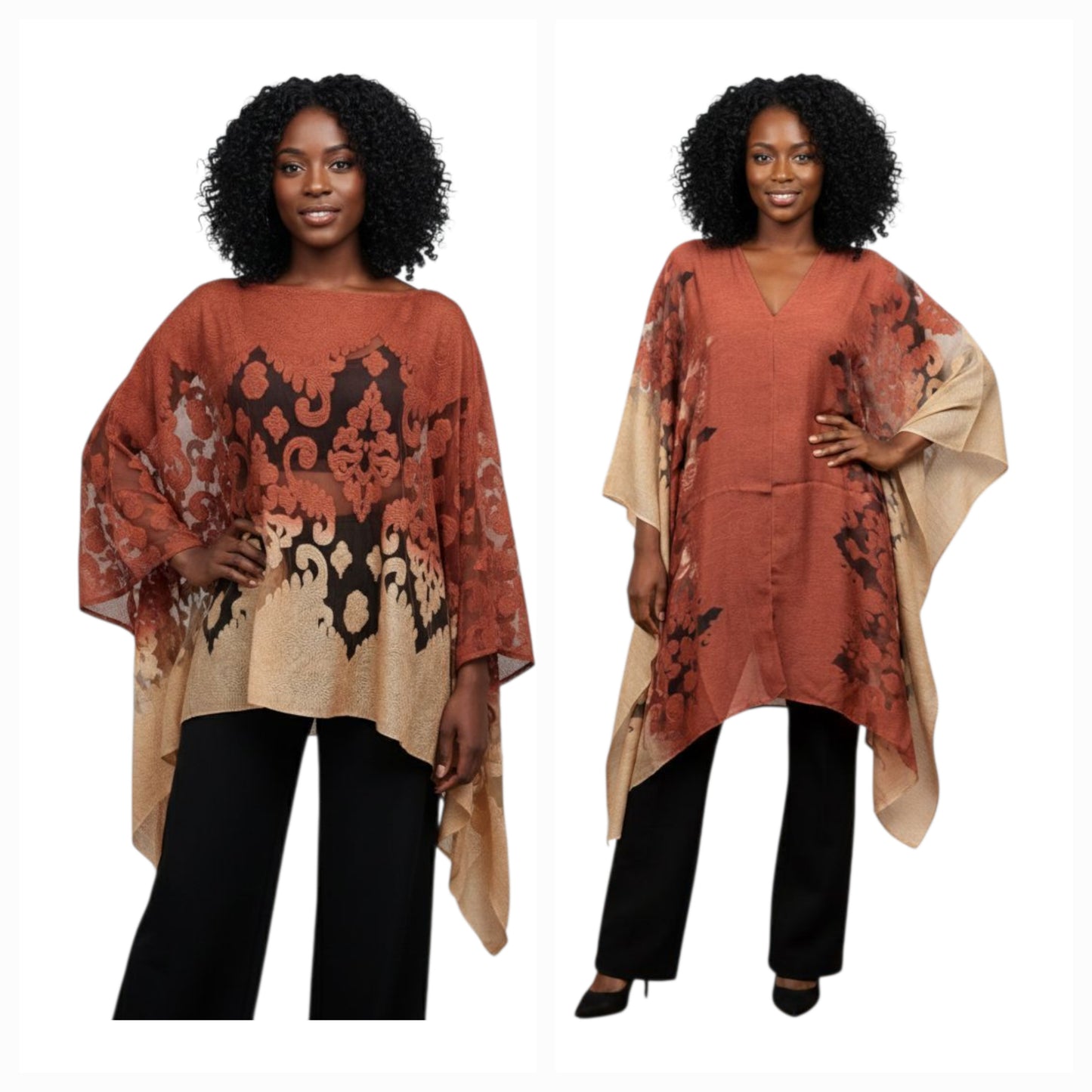 Two images of a woman wearing a patterned poncho over a plain top and pants on a white background.